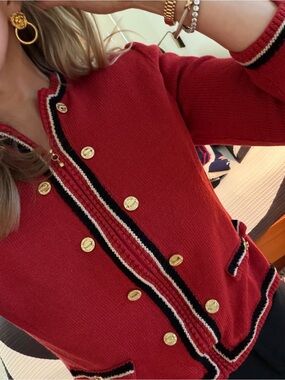 St John Collection red navy gold button hardware zip front knit sweater 2